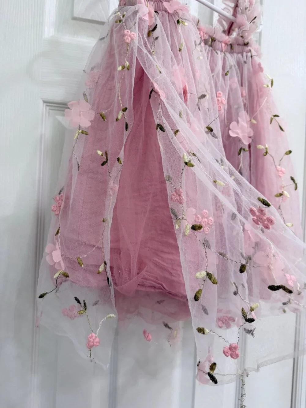 Pink Floral Embroidered Tulle Dress Girls Toddler Fairy Princess Cottagecore